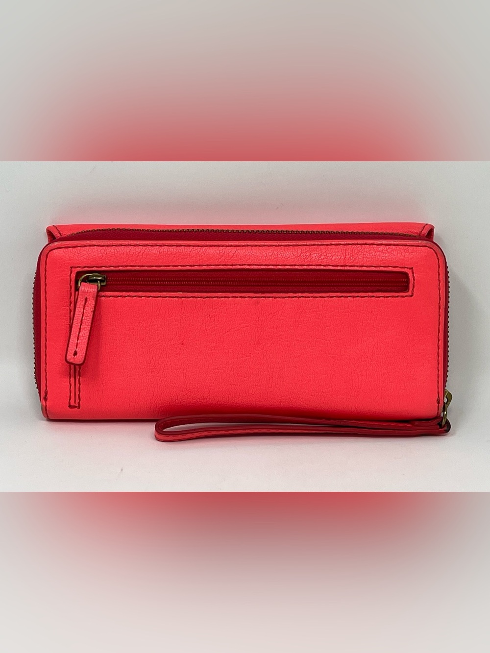 Fossil Jori Vibrant Coral-Pink Colorway Leather Flap Clutch Wallet / Wristlet - Picture 8 of 8